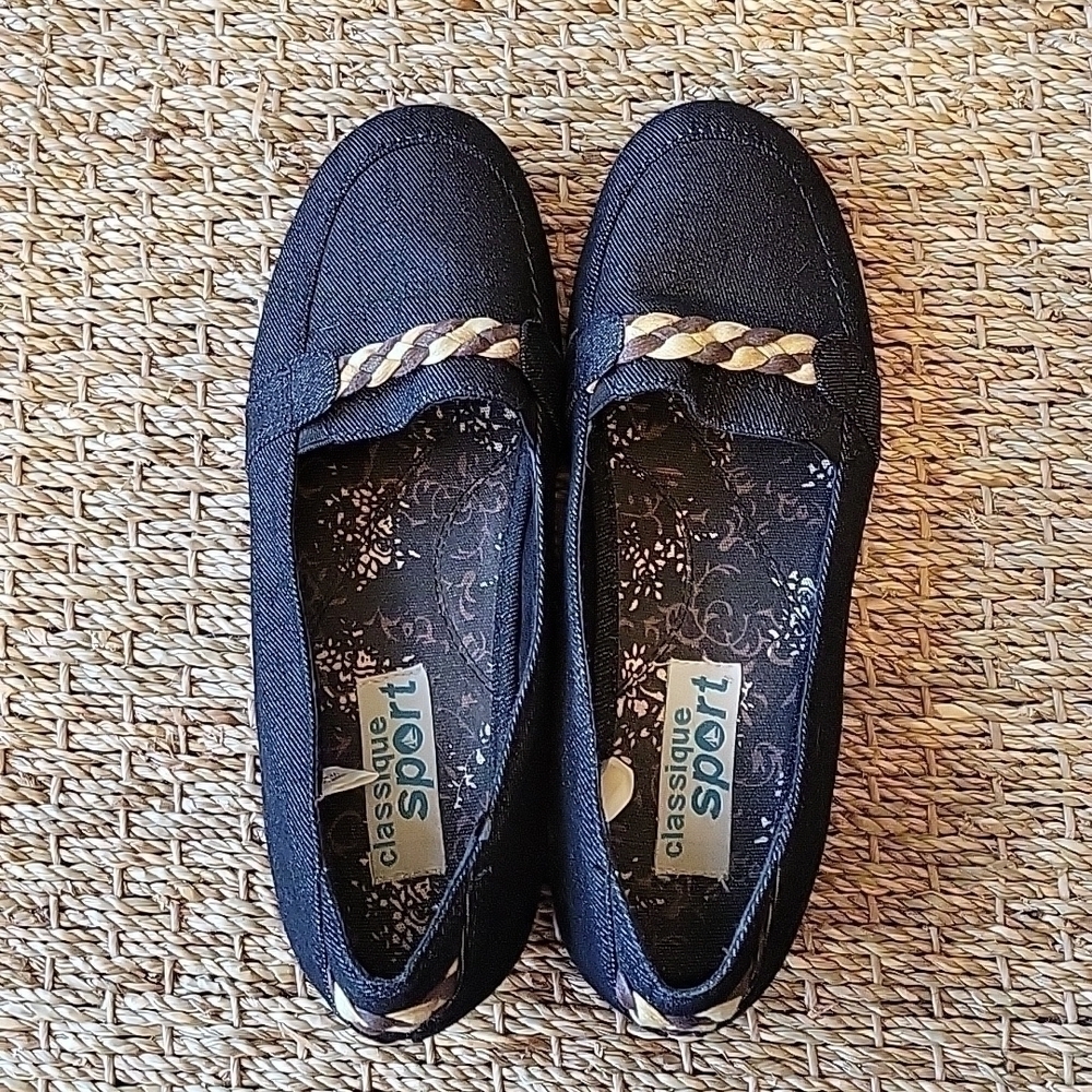 CLASSIQUE SPORT denim loafter shoes with brown and tan accent. size is 7 M. - Picture 1 of 7